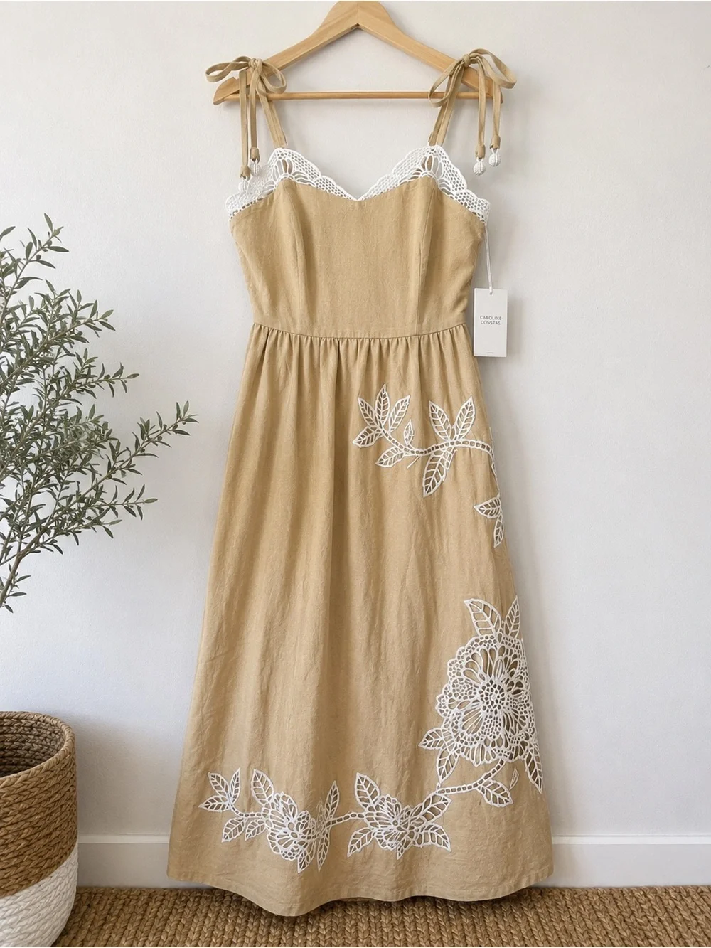 Caroline Constas Beige Midi Dress with White Crochet Lace Appliqué and tie strap